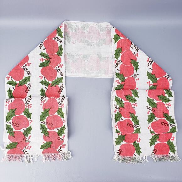 Vintage 1950s Mid Century Linen Table Runner Apples & Holly - Picture 2 of 5